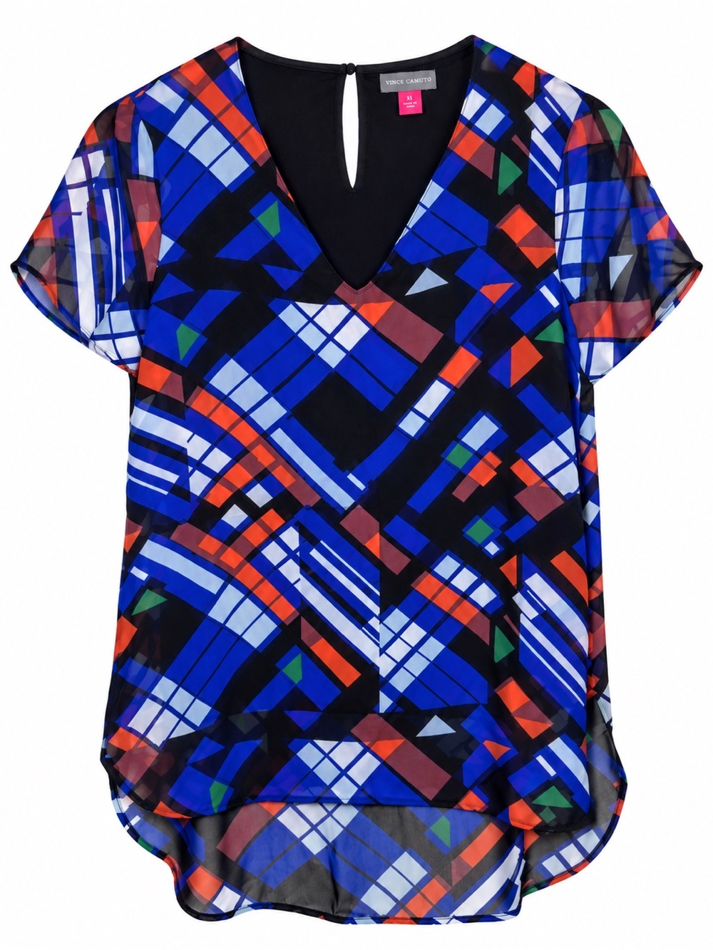 Vince Camuto Womens XS Geometric Sheer Overlay Hi Low Blouse Top